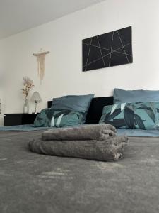 Steinach Apartment في Neuffen: غرفة نوم مع سرير وبطانية على الأرض