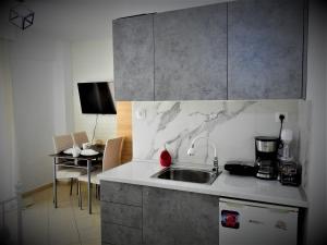 eine Küche mit einer Spüle und einer Arbeitsplatte in der Unterkunft Konstantinos's Luxury Studio in Thessaloniki