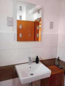 a bathroom with a white sink and a mirror at Ferien im Brombachtal in Brombachtal