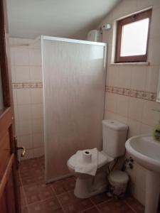 a bathroom with a shower and a toilet and a sink at Akya Adrasan Pansiyon in Adrasan