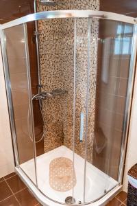 um chuveiro com uma caixa de vidro na casa de banho em Antheia Apartments em Agios Stefanos
