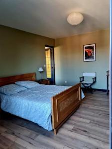 a bedroom with a large bed with a blue blanket at Appartement 2 chambres in Aire-sur-la-Lys