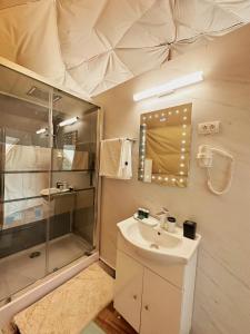 a bathroom with a shower and a sink and a mirror at Boutique Citadel in Eforie Nord