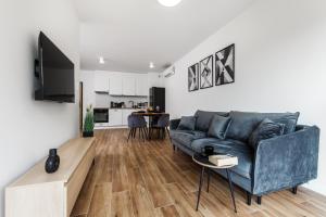 加茨比亞格拉的住宿－Apartament Słoneczne Pilice，一间带蓝色沙发的客厅和一间厨房