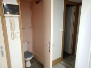 een kleine badkamer met een toilet en een deur bij Autun cœur de ville in Autun