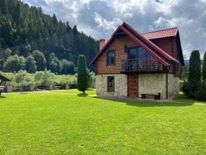 une cabane en rondins dans un champ d'herbe verte dans l'établissement Zatin, à Yaremtche