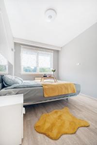 a bedroom with a large bed and a rug at Orientarium Business Apartments with Parking by Rentujemy in Łódź