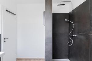 um chuveiro com uma porta de vidro na casa de banho em Wohnambiente am See em Müden