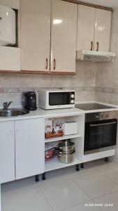 een witte keuken met een magnetron en een wastafel bij Apartamento Agradable1 in Madrid