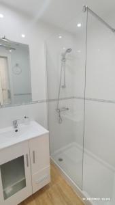 a bathroom with a glass shower and a sink at Apartamento Agradable1 in Madrid