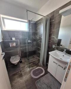 ein Bad mit einer Dusche, einem WC und einem Waschbecken in der Unterkunft Apartmani KOKI Kladovo in Kladovo