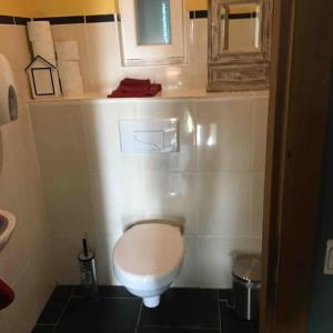 La petite salle de bains est pourvue de toilettes et d'un lavabo. dans l'établissement La Casa Kemtio, à Nollevaux