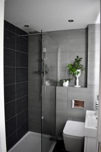 uma casa de banho com um chuveiro, um WC e um lavatório. em Stylish centrally-located studio with parking em Croydon