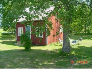 a small red cabin with a tree in the yard at Sydöstra Gotland in Hemse