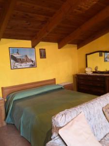 a bedroom with a green bed and a mirror at Appartamenti Rio Geandola 