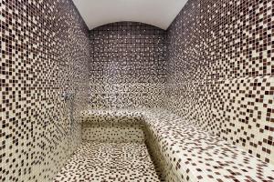 a bathroom with a shower with a tiled wall at Ramada by Wyndham Istanbul Umraniye in Istanbul