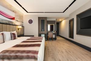 a hotel room with a bed and a flat screen tv at Ramada by Wyndham Istanbul Umraniye in Istanbul