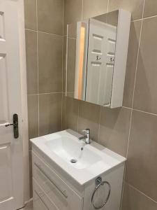 een badkamer met een witte wastafel en een spiegel bij Beautiful ground floor flat in Londen