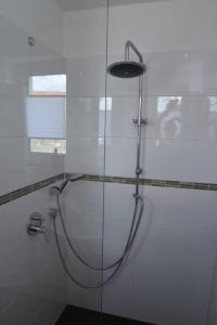 a shower with a glass door in a bathroom at Unter der Linde 1 in Bad Salzuflen