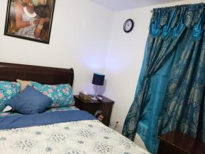 1 dormitorio con cama y cortina azul en Comfortable holiday homestay en Bronx