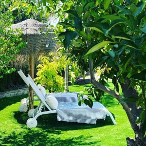 una silla sentada bajo un árbol en un patio en CasaNoa Luxury Villa Bed and Breakfast, en Jávea
