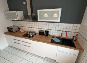 a kitchen with a counter with a sink and a microwave at Parterre Lounge mit Terrasse -Nähe Karlsruhe & KIT - ohne Treppen -barrierefreie Dusche in Linkenheim-Hochstetten
