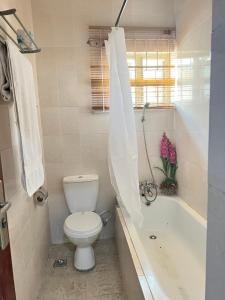 ein Badezimmer mit einem WC, einer Badewanne und einem Waschbecken in der Unterkunft The Orange Door Annex 2 in Lekki
