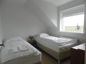 two twin beds in a room with a window at Farmhouse Meiri-Tunga 1 in Hella