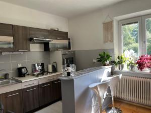 a kitchen with brown cabinets and a counter top at Privat in Liptovský Ján