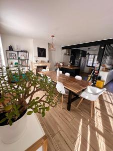 a living room with a wooden table and a potted plant at Family Oasis with 3 bedrooms near Paris in Chennevières-sur-Marne