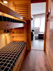 a bedroom with a bunk bed and a living room at Studio Cocon aux Orres 1650 au pied des pistes et vue montagne in Les Orres