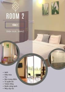 eine Collage eines Schlafzimmers mit einem Bett und einem Spiegel in der Unterkunft Villa 26-28 Châu Đốc in Chau Doc