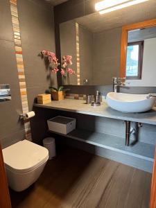 a bathroom with a sink and a toilet and a mirror at Casa Canaria in Telde