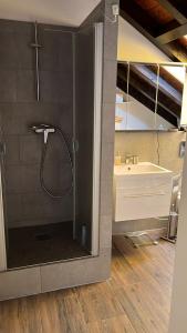 a bathroom with a shower with a sink and a tub at Garden Apartment in Baden-Baden