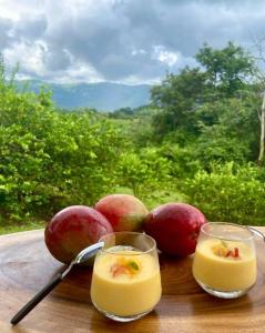 two glasses of orange juice and apples on a table at Luxury Villa Carao. Jungle Paradise. Amazing Views. Great wifi! in San Mateo