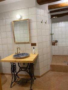 y baño con lavabo, espejo y ducha. en Masia Ca la Jepa, en Juncosa