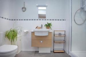ein Badezimmer mit Waschbecken, Toilette und Dusche in der Unterkunft Puffin Leigh Cottages in Seaton + 25 Fotos
