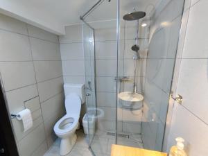 un bagno con wc e doccia in vetro di Casa La Lina a Sighişoara Altre 5 foto