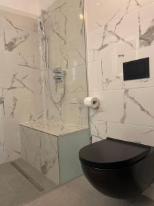 een badkamer met een zwart toilet en een douche bij komfortfertige Wohnungen Freihof in Wenen