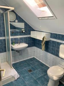 La salle de bains est pourvue de carrelage bleu, de toilettes et d'un lavabo. dans l'établissement Kancsal Harcsa Panzió és Halászcsárda, à Tiszatelek
