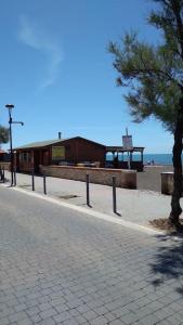 a sidewalk with a tree and a building on the beach at Appartamento nuovo 20mt dal mare, vicino al centro in Ladispoli
