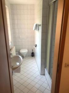 ein Bad mit einem WC und einem Waschbecken in der Unterkunft Brauereigasthof Hotel Schlüssel in Giengen an der Brenz
