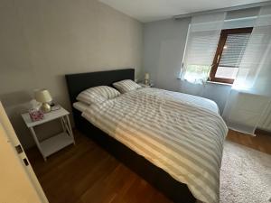 um quarto com uma cama grande e uma mesa de cabeceira em Gemütliches & zentrales Appartement em Schwäbisch Hall