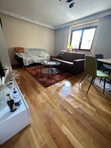 - un salon avec un canapé et une table dans l'établissement Gemütliches & zentrales Appartement, à Schwäbisch Hall