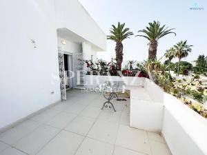 a balcony with palm trees and a bench at Appartement cerise S+2 in Nabeul