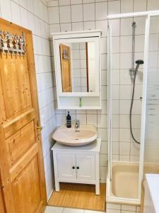 a bathroom with a sink and a mirror and a tub at Haus Gerda Ferienwohnung 2 in Arnbruck