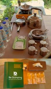 倫邦的住宿－Be Glamping Lembang，茶几,茶壶和一盒饭
