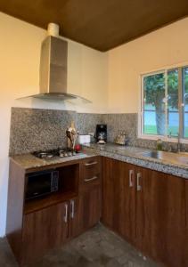 a kitchen with wooden cabinets and a sink and a microwave at Casita Boquete in Boquete