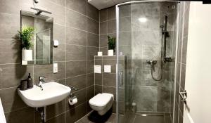 ein Bad mit einer Dusche, einem WC und einem Waschbecken in der Unterkunft Leon Art Apartment in Leipzig