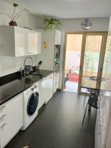 eine Küche mit einer Spüle und einer Waschmaschine in der Unterkunft Résidence de Croisset in Grasse